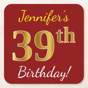Dessous De Verre Carré Rouge, Faux Gold 39e anniversaire + Nom personnali