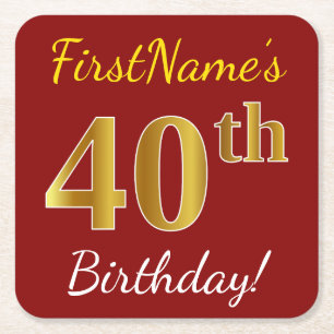 Dessous De Verre Carré Rouge, Faux Gold 40e anniversaire + Nom personnali