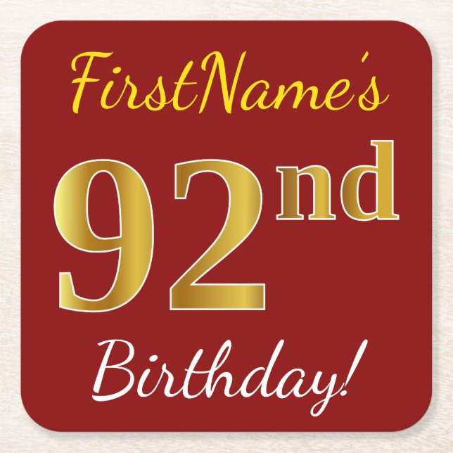 Dessous De Verre Carré Rouge, Faux Gold 92e anniversaire + Nom personnali (Devant)