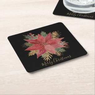 Dessous De Verre Carré Rouge Golden Poinsettia Fleur Joyeux Noël