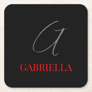 Dessous De Verre Carré Rouge noir Votre nom Monogramme initial