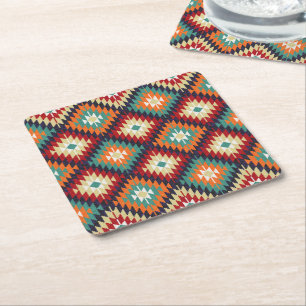 Dessous De Verre Carré Rouge vert orange jaune noir blanc oriental Kilim