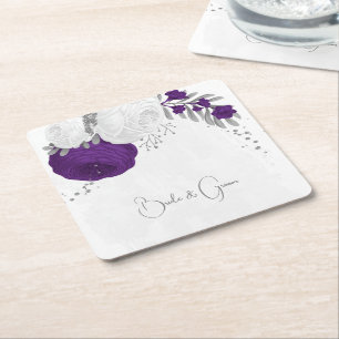 Dessous De Verre Carré royal violet et fleurs blanches argent