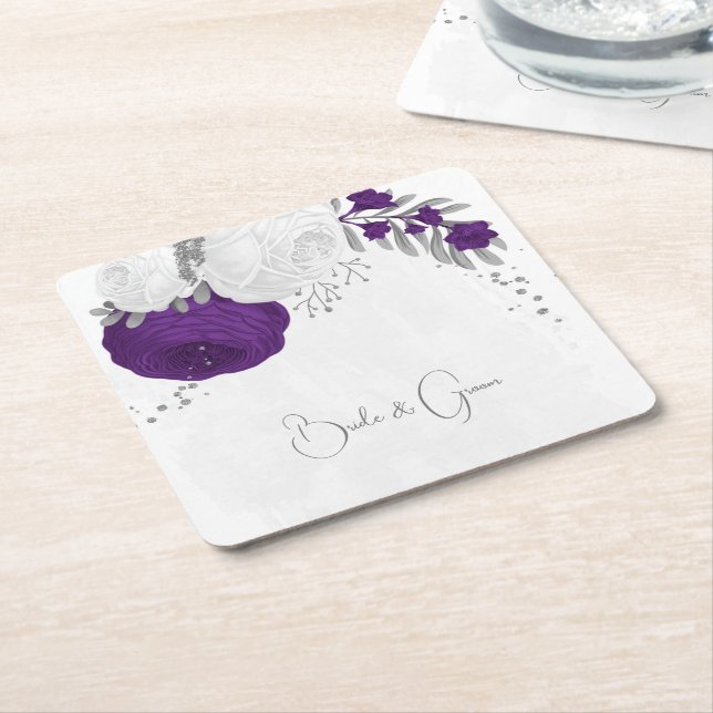 Dessous De Verre Carré royal violet et fleurs blanches argent (Incliné)