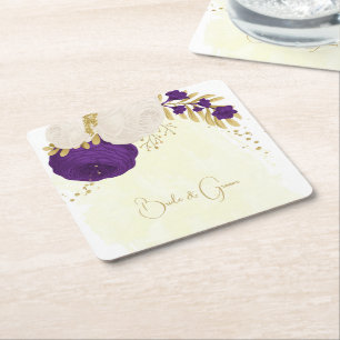 Dessous De Verre Carré royal violet & fleurs blanches or