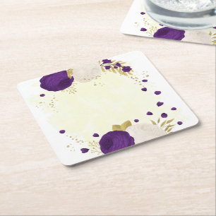 Dessous De Verre Carré royal violet & fleurs blanches or