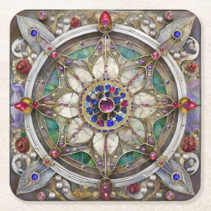 Dessous De Verre Carré Ruby, Amethyst, Sapphire et Pearl Mandala
