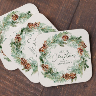 Dessous De Verre Carré Russe Aquarelle Pine Cône Wreath Joyeux Noël