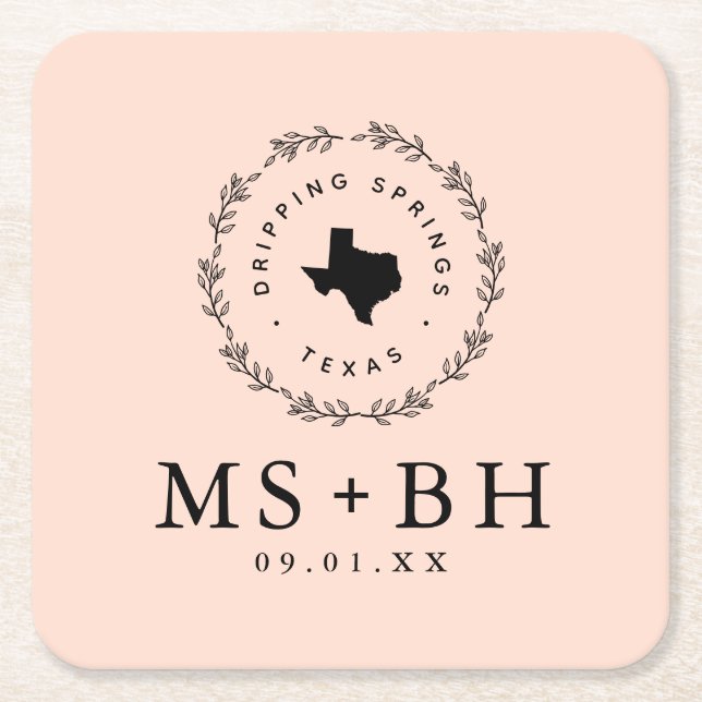 Dessous De Verre Carré Russe Wreath Texas Mariage Monogramme | Blush (Devant)