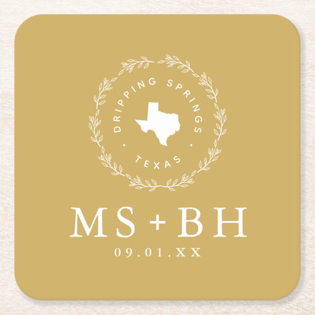 Dessous De Verre Carré Russe Wreath Texas Mariage Monogramme | Moutarde (Devant)