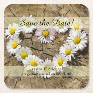 Dessous De Verre Carré Rustic Daisy Heart Enregistrer la date