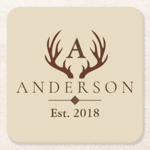 Dessous De Verre Carré Rustic Elegant Brown Deer Antlers & Nom de famille
