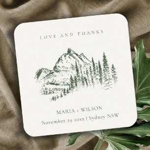 Dessous De Verre Carré Rustic Green Pine Woods Mountain Sketch Mariage