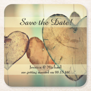 Dessous De Verre Carré Rustic Hanging Wood Hearts Enregistrer la date