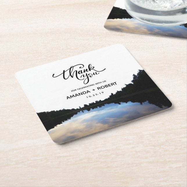 Dessous De Verre Carré ©Rustic Lake Réflexions Lakeside Mariage Faveur (Incliné)