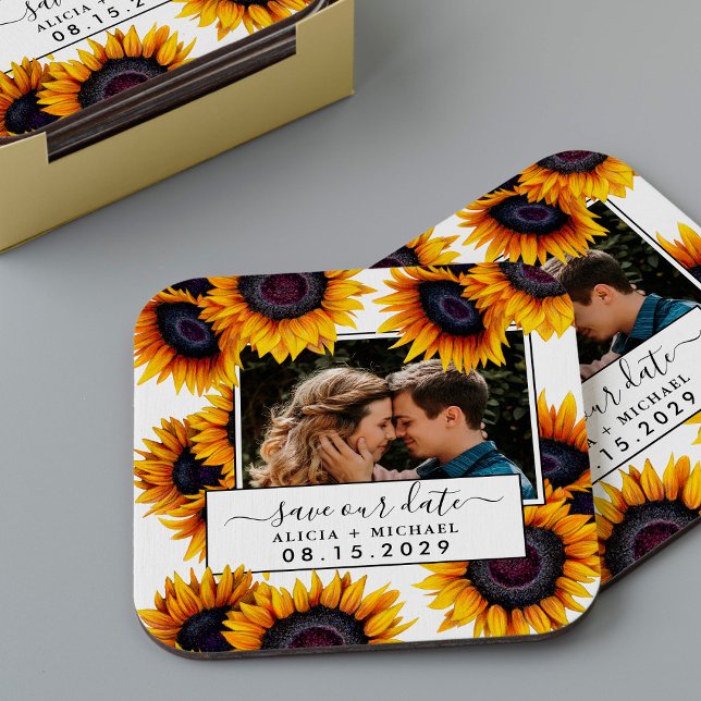 Dessous De Verre Carré Rustic sunflowers photo wedding save the date (Créateur téléchargé)