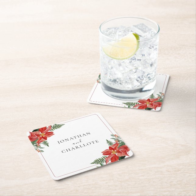 Dessous De Verre Carré Rustic Winter Poinsettia Red Christmas Wedding (En situation)