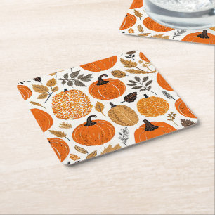 Dessous De Verre Carré Rustique Automne Orange Citrouille Motif de feuill