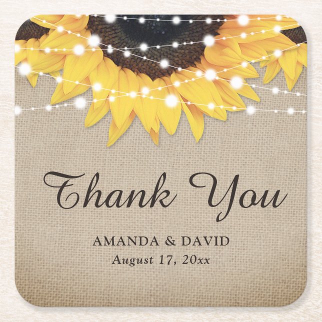 Dessous De Verre Carré Rustique Burlap Sunflower Merci Mariage Faveur (Devant)