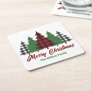 Dessous De Verre Carré Rustique Red Plaid Joyeux Noël Arbres