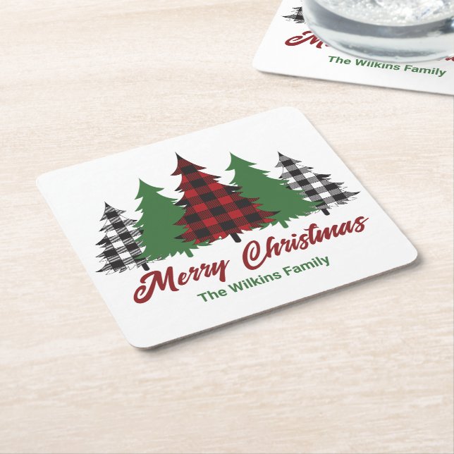 Dessous De Verre Carré Rustique Red Plaid Joyeux Noël Arbres (Incliné)