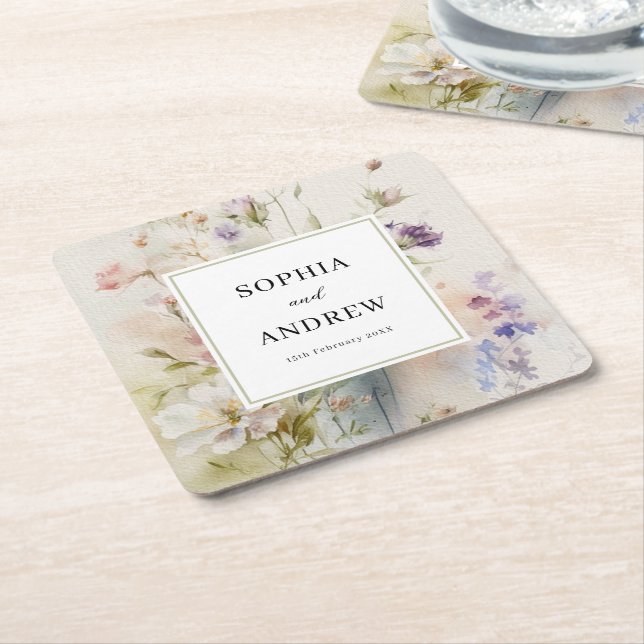 Dessous De Verre Carré Rustique Retro Fleur sauvage d'aquarelle Mariage (Incliné)