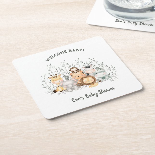 Dessous De Verre Carré Safari Animaux Baby shower Bienvenue bébé (Incliné)