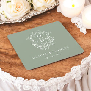 Dessous De Verre Carré Sage Green Floral Monogramme Mariage Crest Moderne