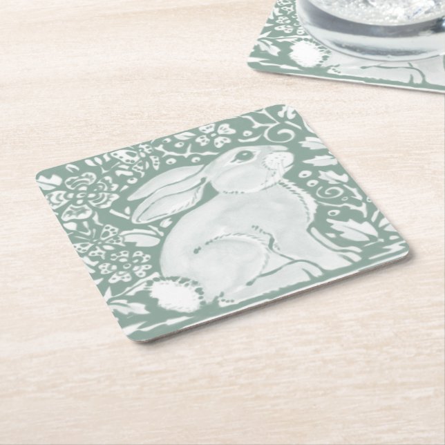 Dessous De Verre Carré Sage Green Woodland Rabbit Forêt Animal mite (Incliné)