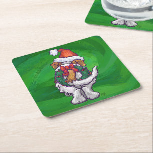 Dessous De Verre Carré Saint Bernard mignonne à Santa Chapeau sur Vert