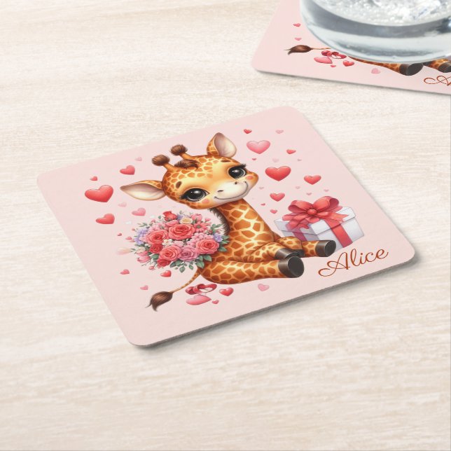 Dessous De Verre Carré Saint Valentin Amour Rose Bouquet Giraffe (Incliné)