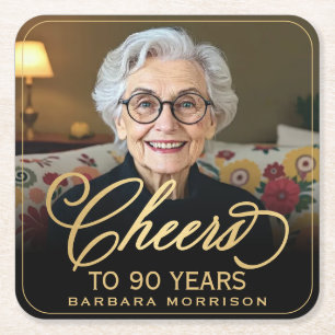 Dessous De Verre Carré Salutations à 90 ans Anniversaire Photo Gold Noir