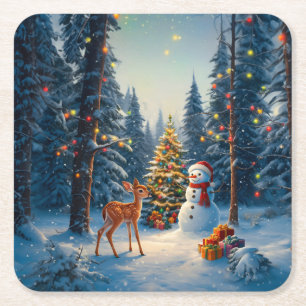 Dessous De Verre Carré Scene d'arbre de Noël Cute Deer Fawn Snowman