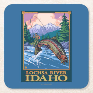 Dessous De Verre Carré Scène de pêche de mouche - rivière de Lochsa,