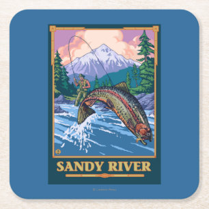 Dessous De Verre Carré Scène de pêche de mouche - rivière de Sandy,