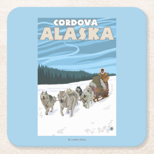 Dessous De Verre Carré Scène Sledding de chien - Cordova, Alaska