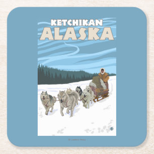 Dessous De Verre Carré Scène Sledding de chien - Ketchikan, Alaska