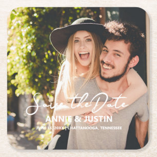 Dessous De Verre Carré Script de Wedding Save the Date avec photo