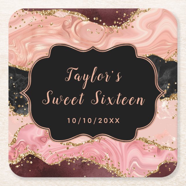 Dessous De Verre Carré Séquins noirs et roses Agate Sweet sixteen (Devant)