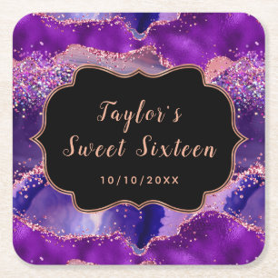 Dessous De Verre Carré Séquins violets foncés et roses Agate Sweet sixtee