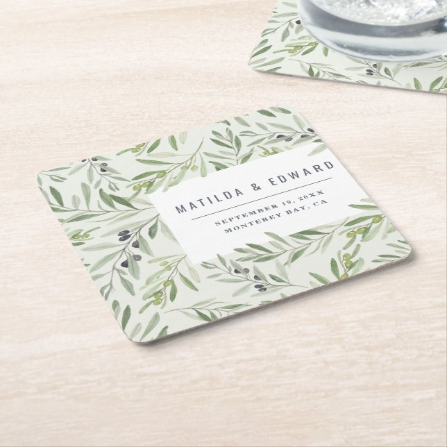 Dessous De Verre Carré Serviette mariage pour branche d'olivier minimale  (Incliné)