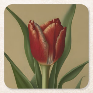 Dessous De Verre Carré Shabby Chic Jolie Tulipe Rouge