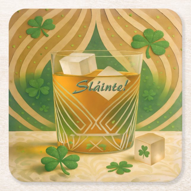 Dessous De Verre Carré Shamrocks Irish Whiskey Tumbler "Sláinte!" (Devant)