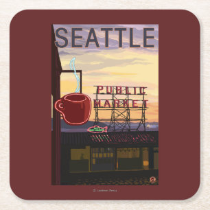 Dessous De Verre Carré Signe du marché d'endroit de SeattlePike et vue de