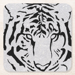 Dessous De Verre Carré Silhouette de tigre noir et blanc