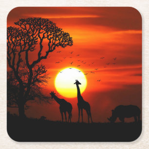 Dessous De Verre Carré Silhouettes africaines d'animal de coucher du