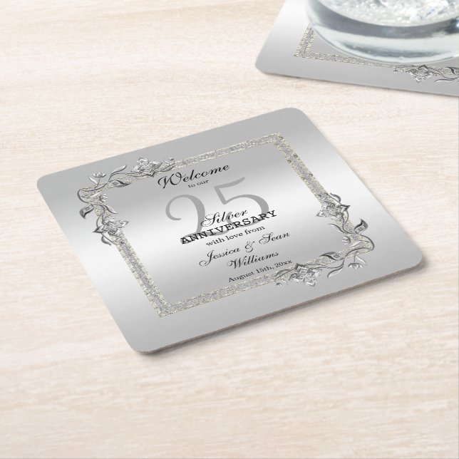 Dessous De Verre Carré Silver Gem & Glitter 25th Wedding Anniversary (Incliné)