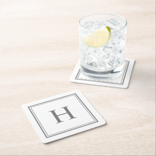 Dessous De Verre Carré Simple Monogramme Gris Classique sur Blanc