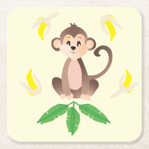 Dessous De Verre Carré Singe Avec Bananes Jungle Jaune