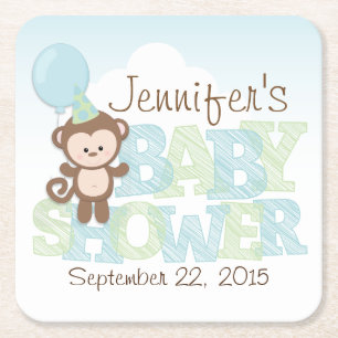 Dessous De Verre Carré Singe mignon ; Baby shower bleu et vert